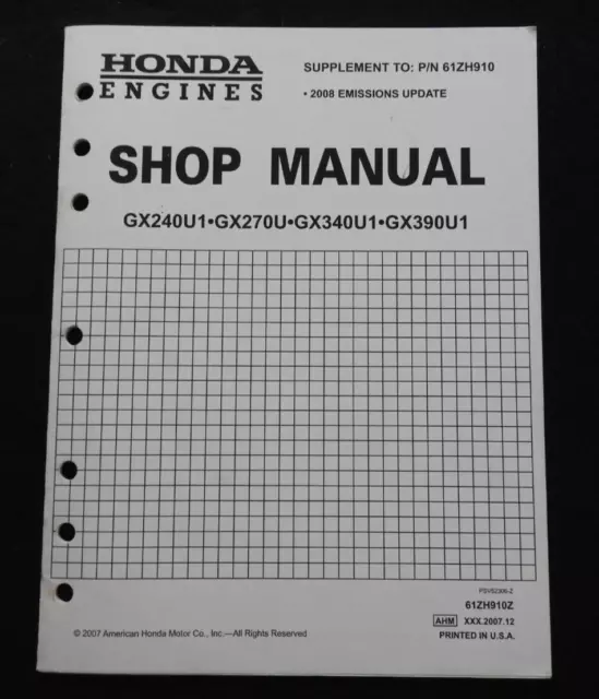 Genuine Honda Gx240U1 Gx270U Gx340U1 Gas Engine Service Repair Manual Supplement