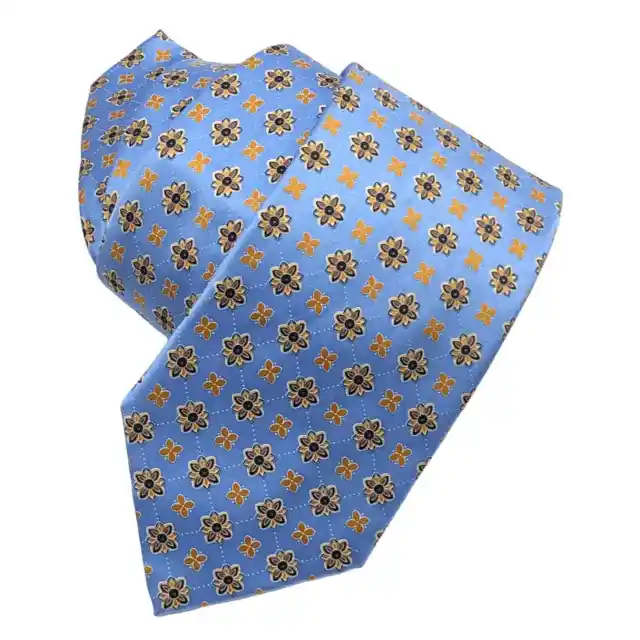 Brioni Mens Silk 3.5" Tie Blue Yellow Black Floral 62" Length Hand Made In Italy