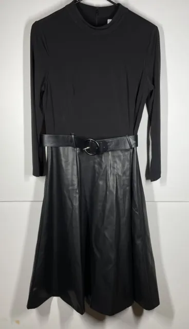 Calvin Klein Womens 8 Sleek  Faux  Leather Bottom Dress Long Sleeve Zip Belted