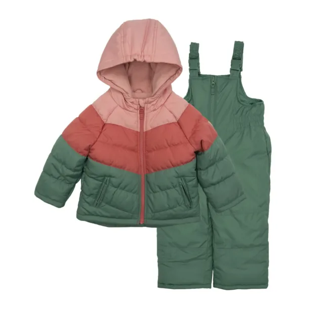Osh Kosh Girl's 2-Piece Bib Snowsuit Sizes 5 6 Puffer Jacket Pink Green $120 NWT
