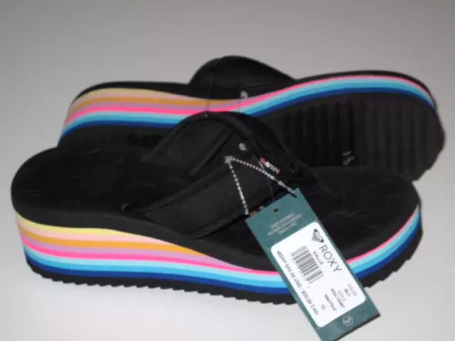 ROXY Women's Kallie Black Flip Flops Sandals Size 10 Summer Beach Wedge Stripe