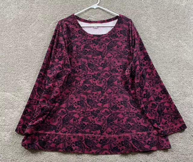 Woman Within Top Womens 1X 22-24 Red Velvet Paisley Long Sleeve Pullover Blouse