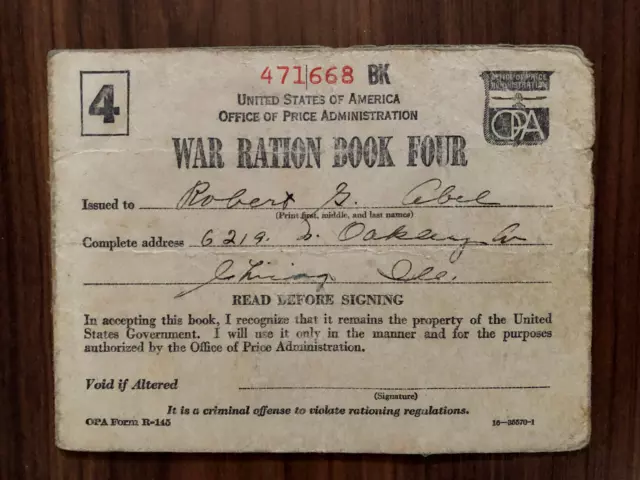 Vintage WW2 War Ration Book Four OPA Form R-145 + Stamps Chicago 1943