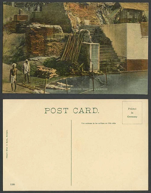 Indien alte Farbe Postkarte Fluss Beerdigung BURNING GHAT CAWNPORE Kanpur ethnisches Leben
