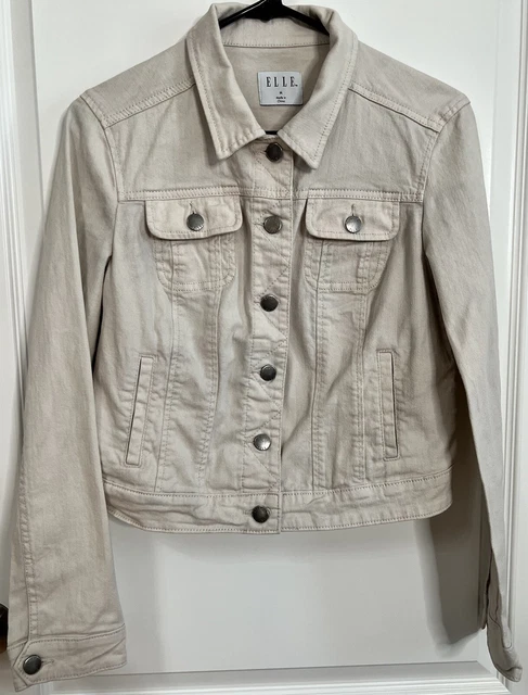 Elle Women’s Jean Jacket Denim Button Up Collared Ivory Beige - Size MEDIUM