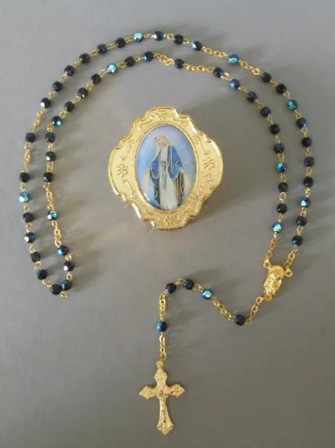 Rosenkranz schwarz schimmernde Perlen mit Schatulle Madonna Immaculata AR 122-13