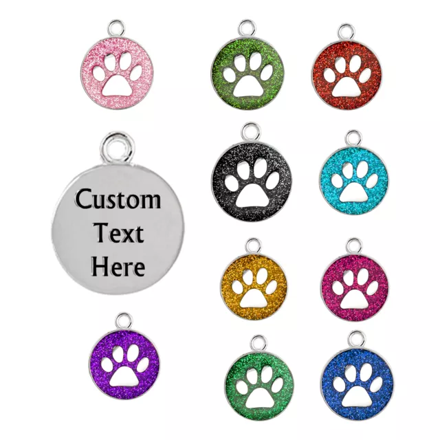 Dog Cat Pet Tag ID Collar Tags Personalised Engraved 25mm Glitter Paw Print