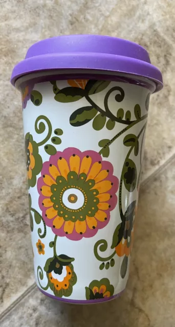 Longaberger Vitrified Ceramic Travel Tumbler w/ Silicone Lid Purple Floral