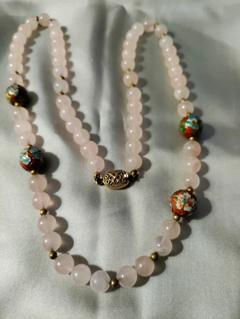 Vintage Natural Pink Quartz Cloisonne Beads And 925 Silver Beads Necklace 24"
