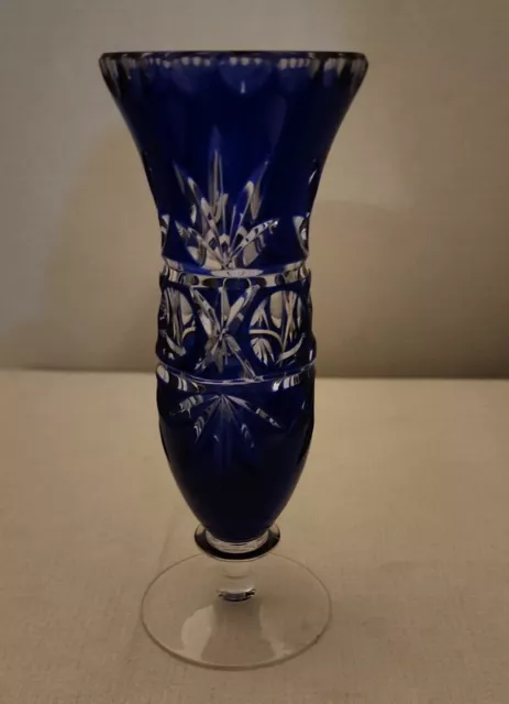 Vintage Art Glass Bohemian Czech Cobalt Blue Cut to Clear Pedestal Vase 7" EUC