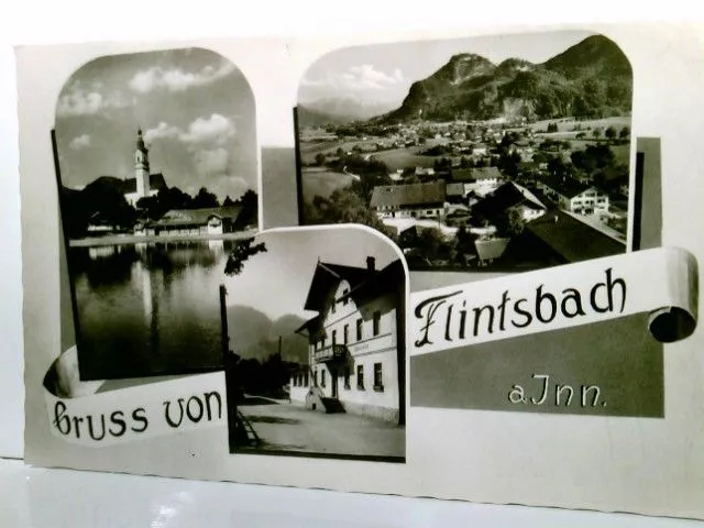 Gruss von Flintsbach an Inn. Seltene Mehrbild AK s/w. Blick vom See zur Kirche,