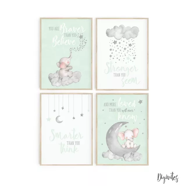 Baby Nursery Wall Art Decor Prints. Elephant, moon clouds, Stars. Set of 4 Green