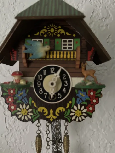 Vintage wooden miniature cuckoo clock with forest,Deer, Swiss Girl Swing