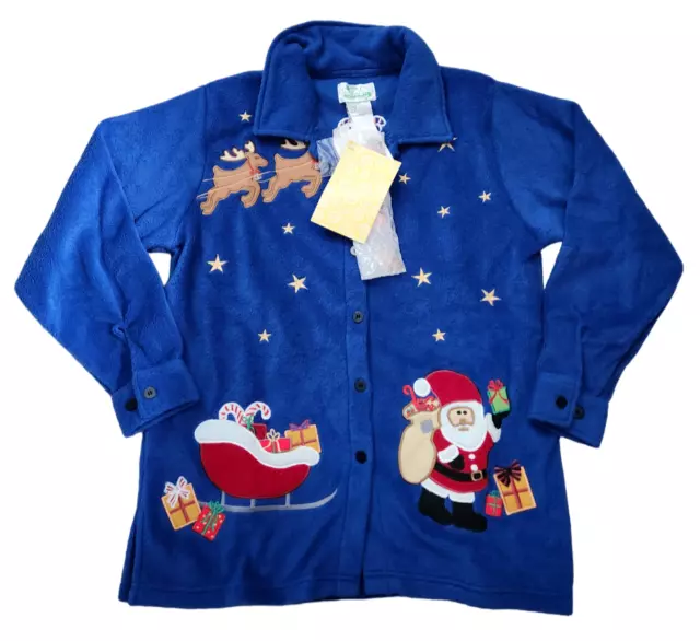 Quacker Factory Womens M Fleece Christmas Jacket Santa Button Up Long Sleeve