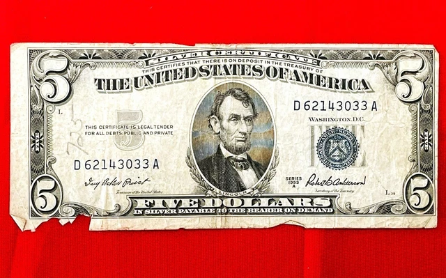 1953 SILVER CERTIFICATE $5 Five Dollar Bill Blue Seal & Serial D62143033A Money