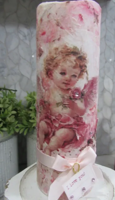 Shabby Chic Pink Roses Victorian Love  Angel Cherub Heart Led Candle