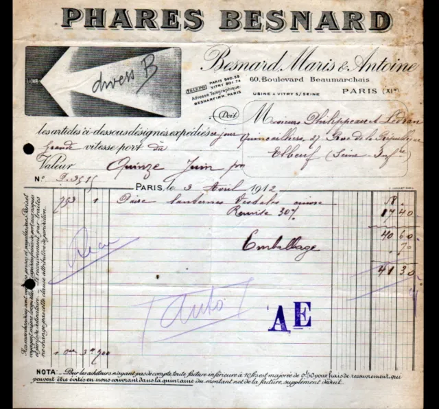 PARIS (XI°) USINE de VITRY 94 / PHARES pour AUTOMOBILES "MARIS & BESNARD" en1912