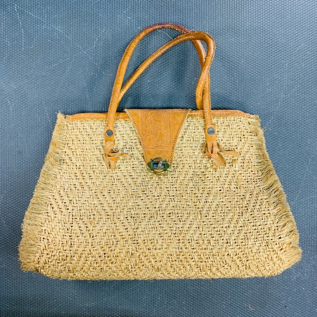 Vintage 1950s/60s Woven Purse Mexico with Leather Accents 14" x 9" Used
