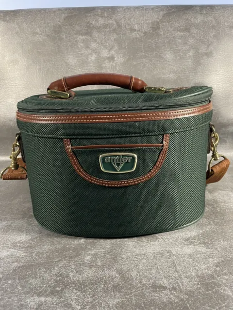 Vintage Antler Oval Vanity Case Green & Brown With Shoulder Strap, No Key