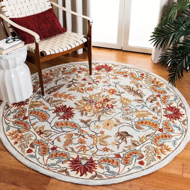 Hand-Hooked French Country Wool Area Rug 3' X 3' Round, Light Blue Carpet