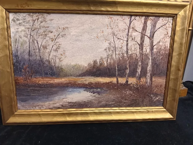 Antique Oil Painting - Winter Countryside Landscape - Nice Wood Frame with Gilt