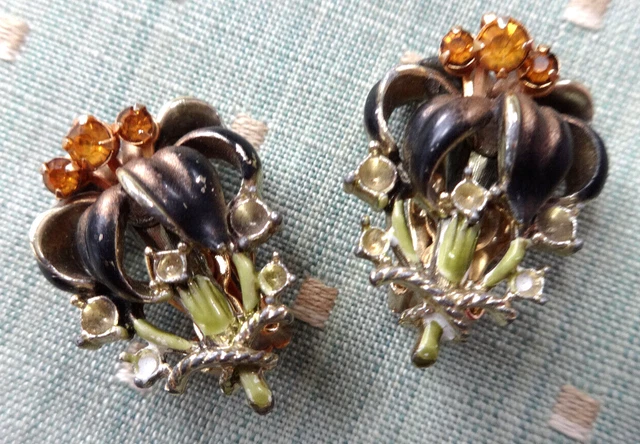 Vtg Unsigned ? Coro Amber Rhinestone Enamel Iris Flower Clip On Earrings As Is