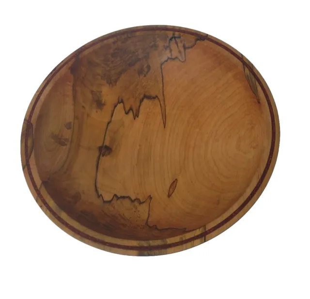 Hand Turned Maple Wood Salad Bowl with Spalting and Inlay Trim 12 in