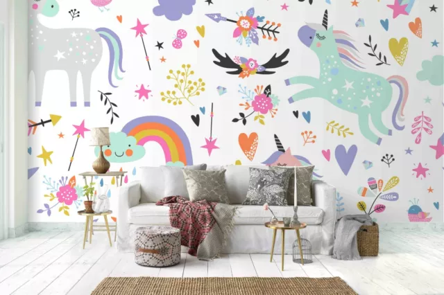 3D Kids Rainbow Unicorn Floral Wall Murals Wallpaper Murals Wall 333--JN