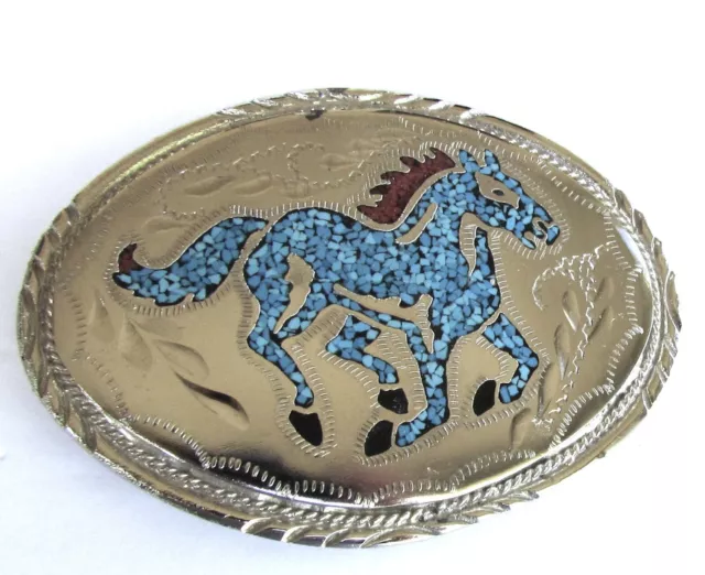 Vintage Silver Turquoise & Coral Chip Inlay Galloping Horse Belt Buckle