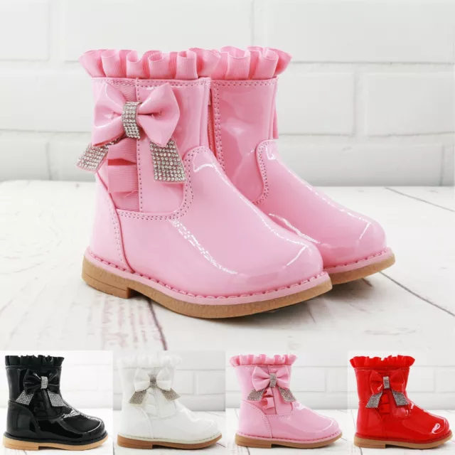 Girls Baby Flat Spanish Diamante Bow Satin Patent Winter Fur Lined Ankle Boots