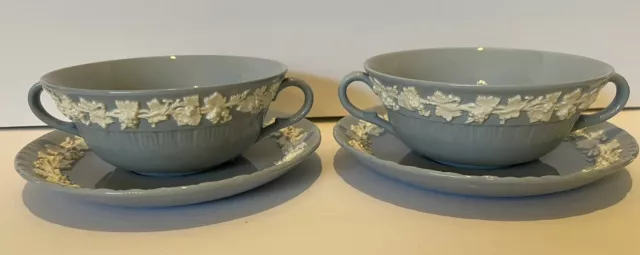 Wedgwood Queensware Cream on Lavender Shell Edge 2 Cream Soup Bowls and Saucers