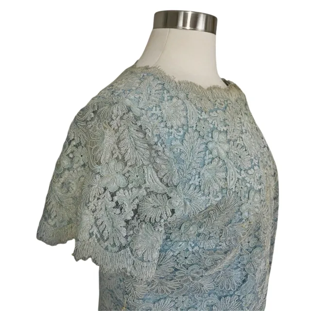 Vtg 1960 Size XL Sheer Floral Lace Sleeve Dusty Blue Short Sleeve Sheath Dress