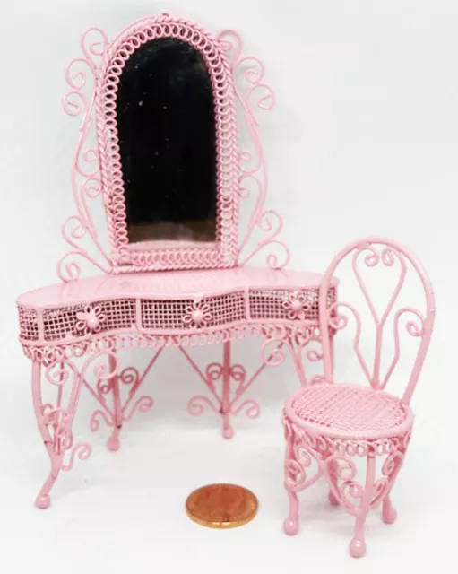 Puppenhaus rosa bemalt Draht Schminktisch und Stuhl Maßstab 1:12 Zubehör