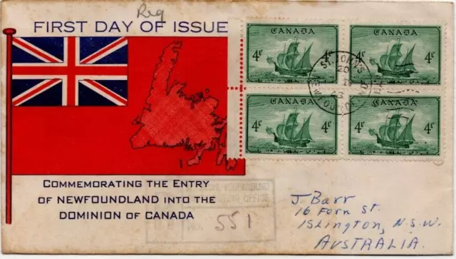 1949 Canada FDC Entry Of Newfoundland Into The Dominion with Stamps Sc #282 BLK.