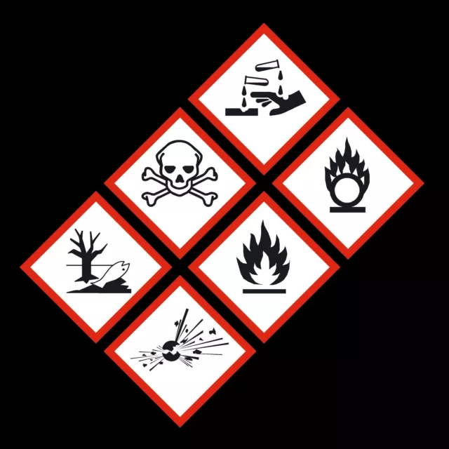 GHS Hazard Warning Stickers - 50mm x 50mm - Gas, Explosive, Corrosive, Flammable