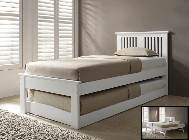 SOLID WOOD BED | Pull out Folding Guest Trundle 3ft Single White ...