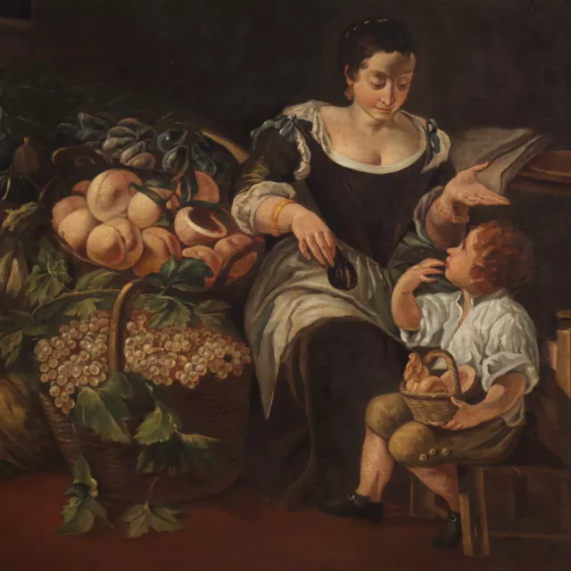 Bodegon escena de genero pintura antigua oleo sobre lienzo cuadro siglo XVIII