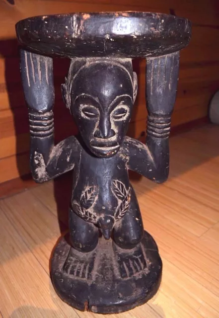 Antique African Luba Carved Wood Stool Chair Standing Male Figure Congo, Africa