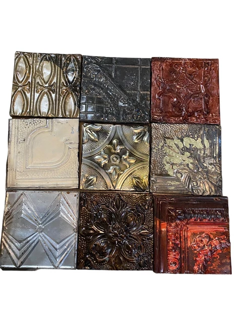 Lot Of 9 ANTIQUE NEW YORK METAL TIN CEILING TILEs 11” X 11" SALVAGED VINTAGE