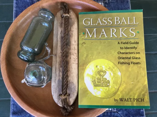 Old Japanese glass & wooden  fishing Floats + collectors reference book