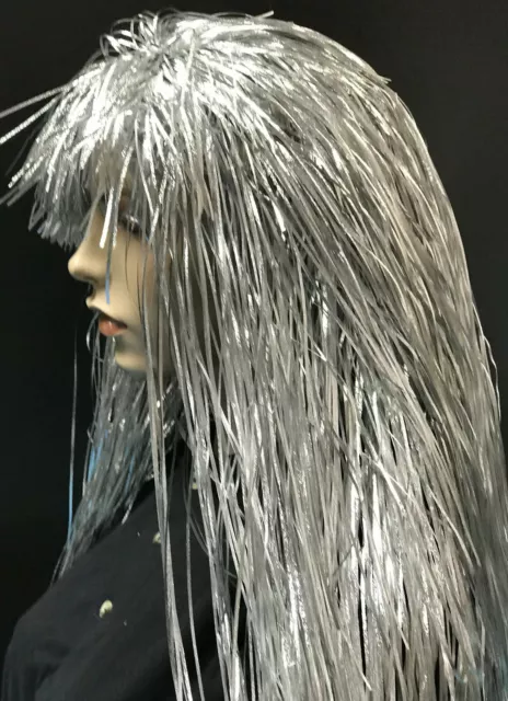 Pack of 12 Long Embossed Layered Silver Tinsel Wigs Hen Fancy Dress RRP £5.99ea