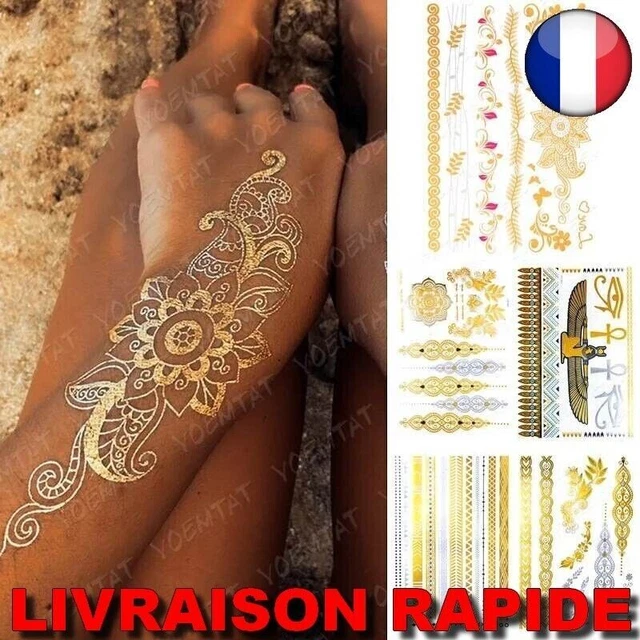 5 Tatuajes Temporales Impermeables Flores Mandala Henna Oro Plata Boho Glitter