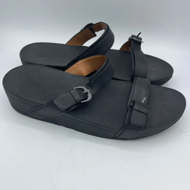 Fit Flops Womens Black Leather Strap Sandals Size 11 Adjustable Wedges Slip On