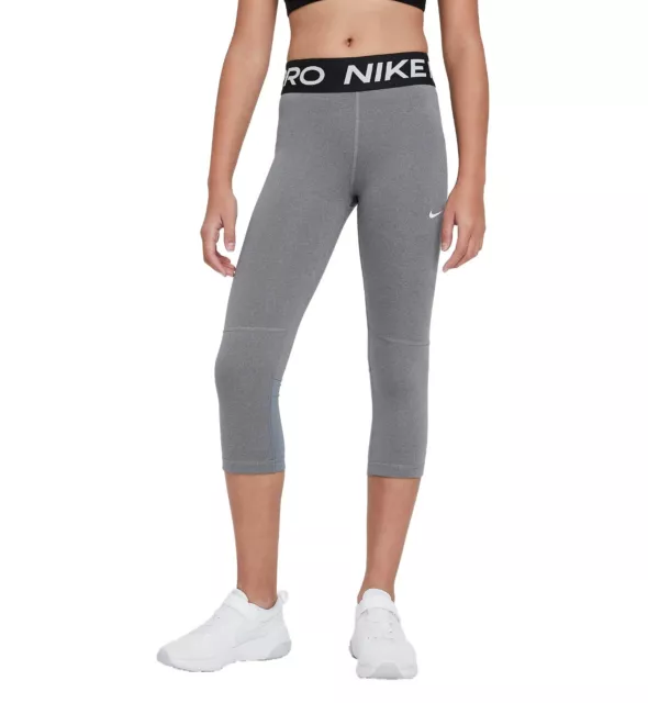 Nike Youth Girls Pro Capri Leggings in Carbon Heather/White