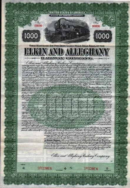 ELKIN & ALLEGANY RAILWAY CO. $1000 6% Bond OF 1911  "Specimen"