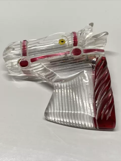 Art Deco Clear Red Lucite Early Plastic Horse C-Clamp Pin Brooch Reverse Carved