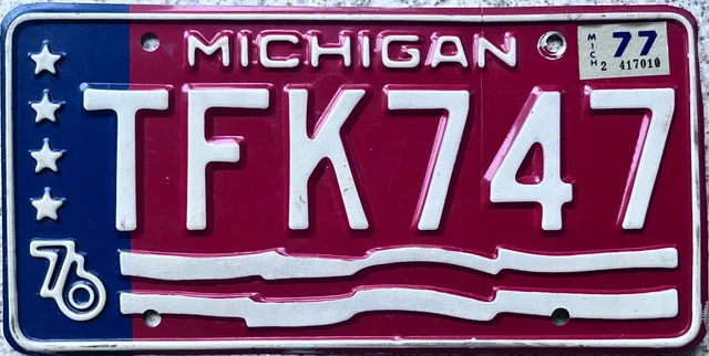 1976 Michigan Bicentennial American License Licence USA Number Plate TFK 747