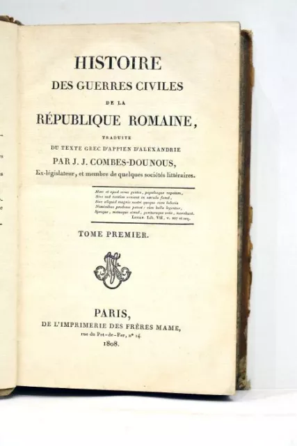 Livre Ancien Combes-Denous Appien Alexandrie Histoire Guerre Civile 1808