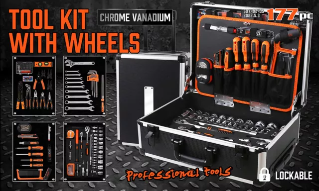 177Pc Hand Tool Box Kit With Ratchet Socket Wrench Spanner Set Toolbox Alum Case 2