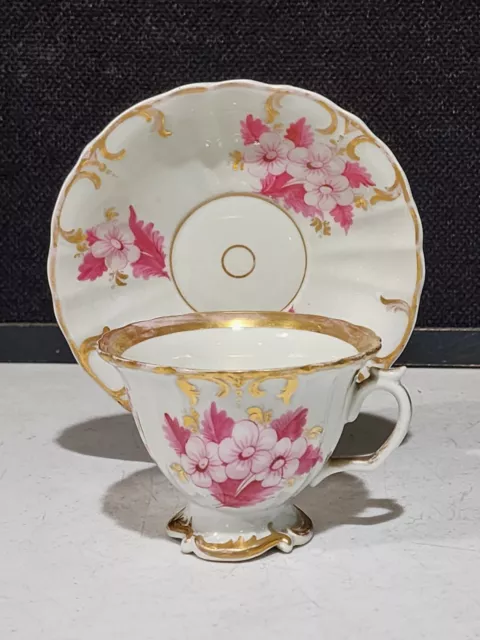 Antique KPM Large Footed Cup & Saucer Set Pink Floral Gold Germany